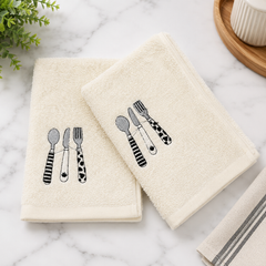 Cutlery Design Embroidered Kitchen Towels – Cream | Set of 2