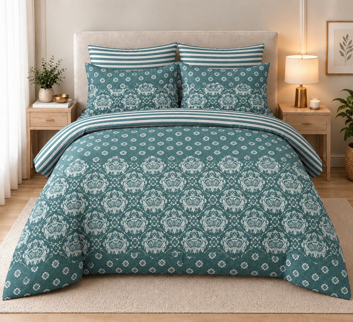 Teal Rosette Damask Duvet Set