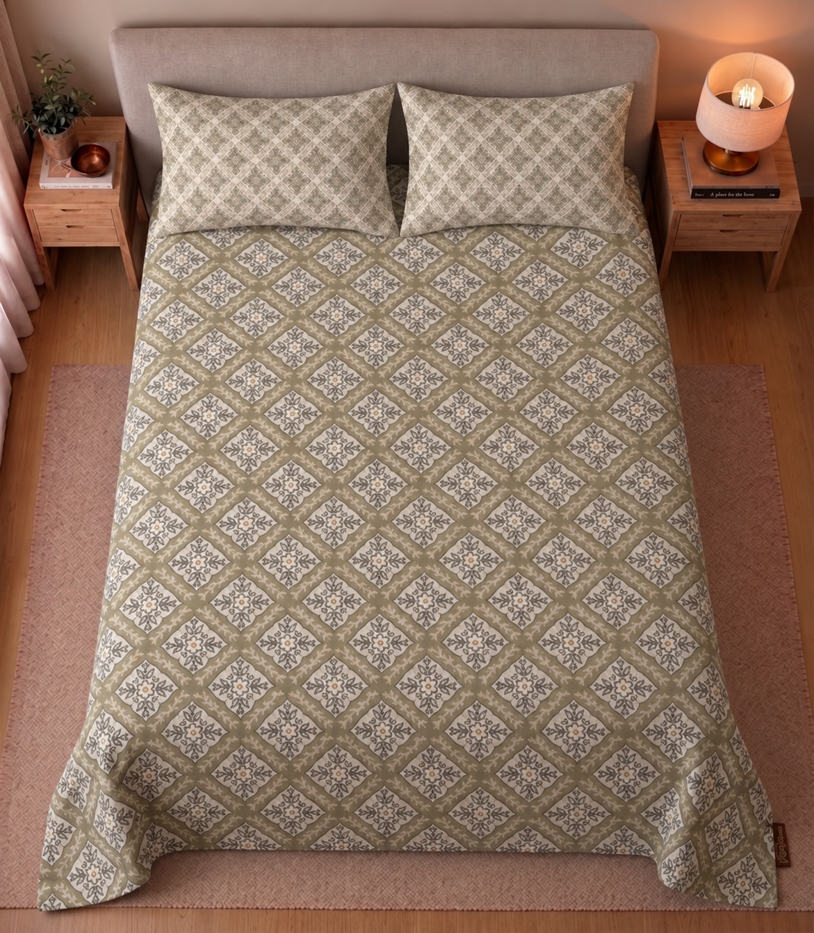 Olive Tile Trellis Bedsheet Set