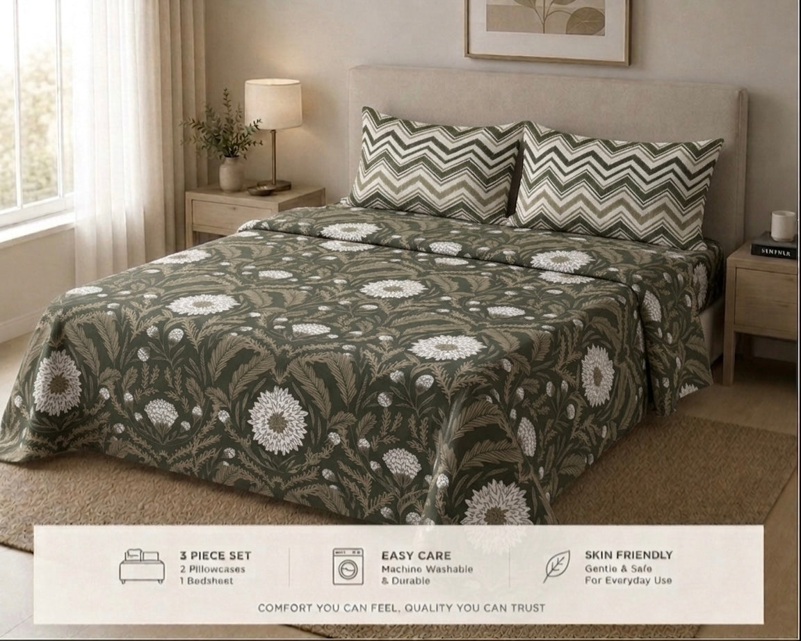 Olive Dahlia Damask - Bedsheet set