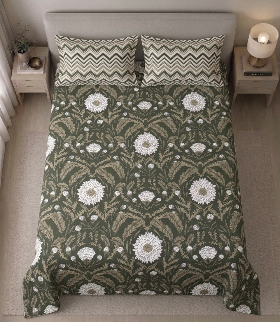 Olive Dahlia Damask - Bedsheet set