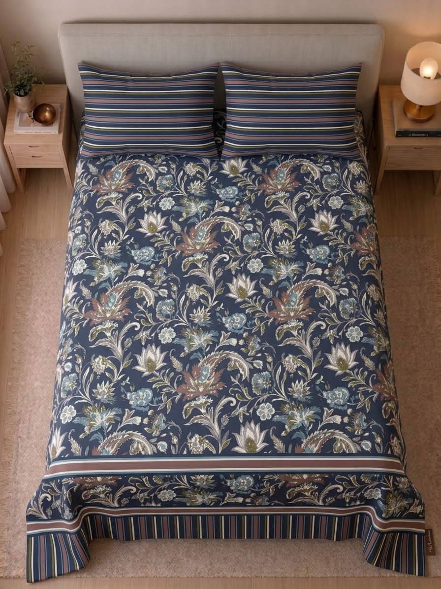 Navy Jacobean Bloom Bedsheet Set