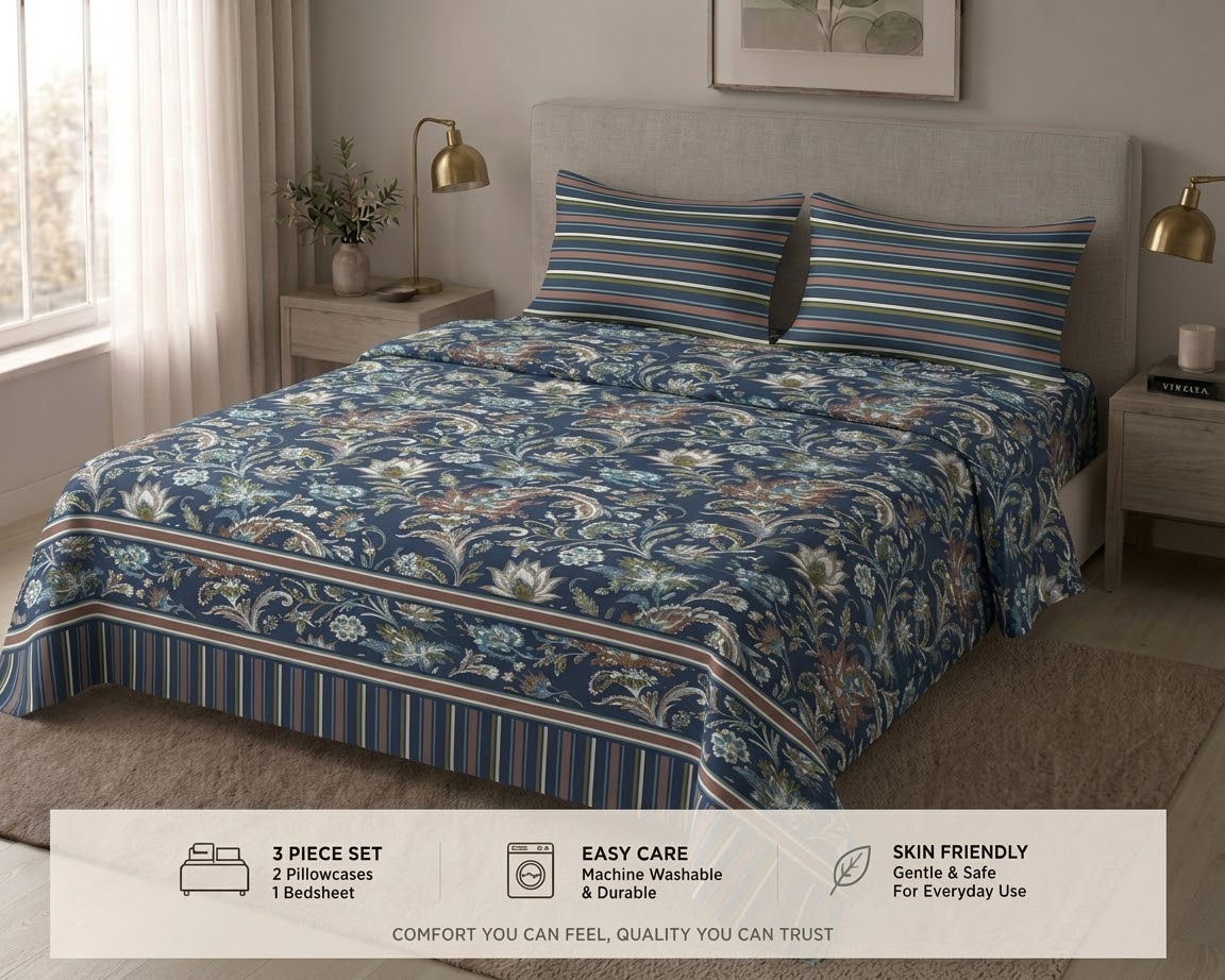 Navy Jacobean Bloom Bedsheet Set