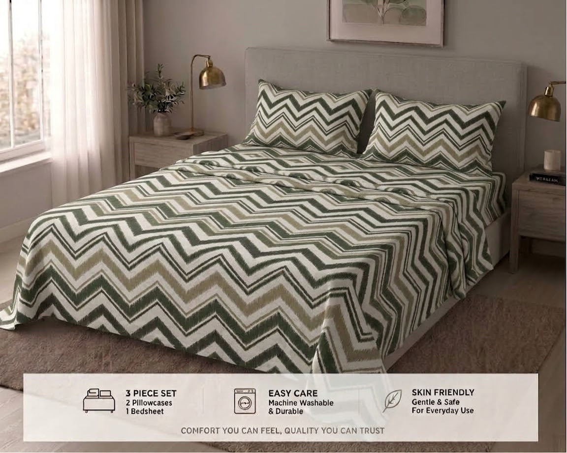 Olive Ikat Zigzag Bedsheet Set